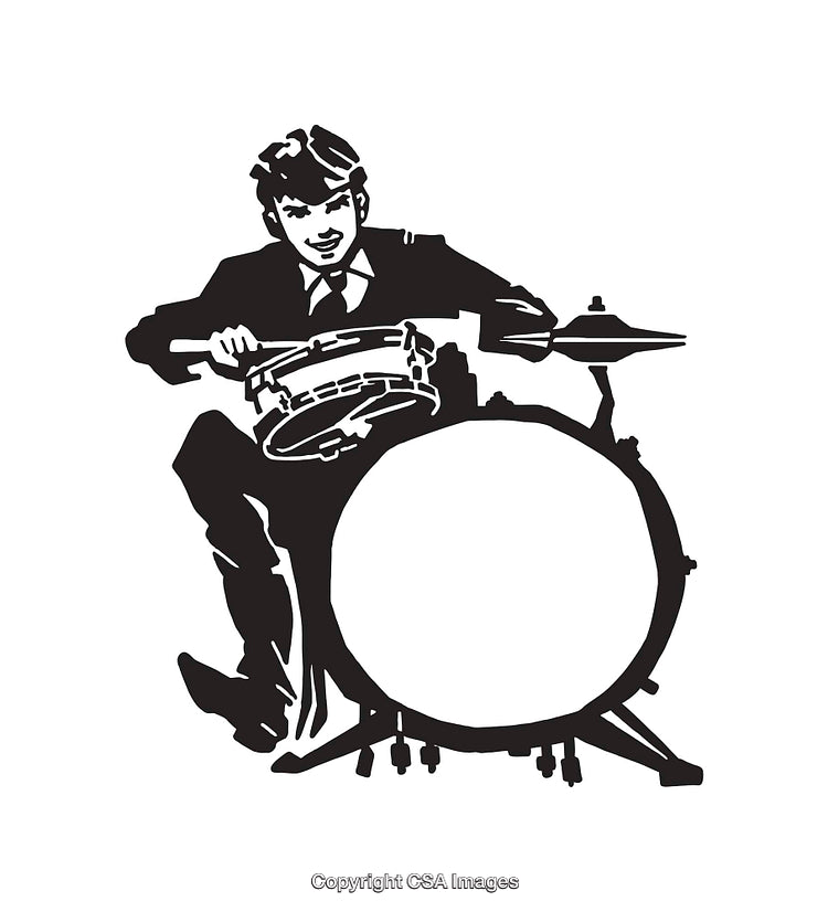 Black and White Illustration of a Drummer with Drum Set Playing