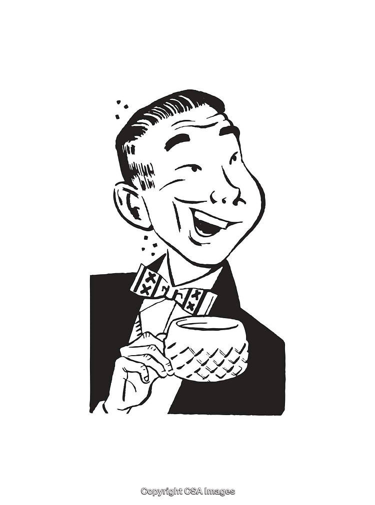 Retro Styled Black and White Drawing of a Laughing Man Holding Mug