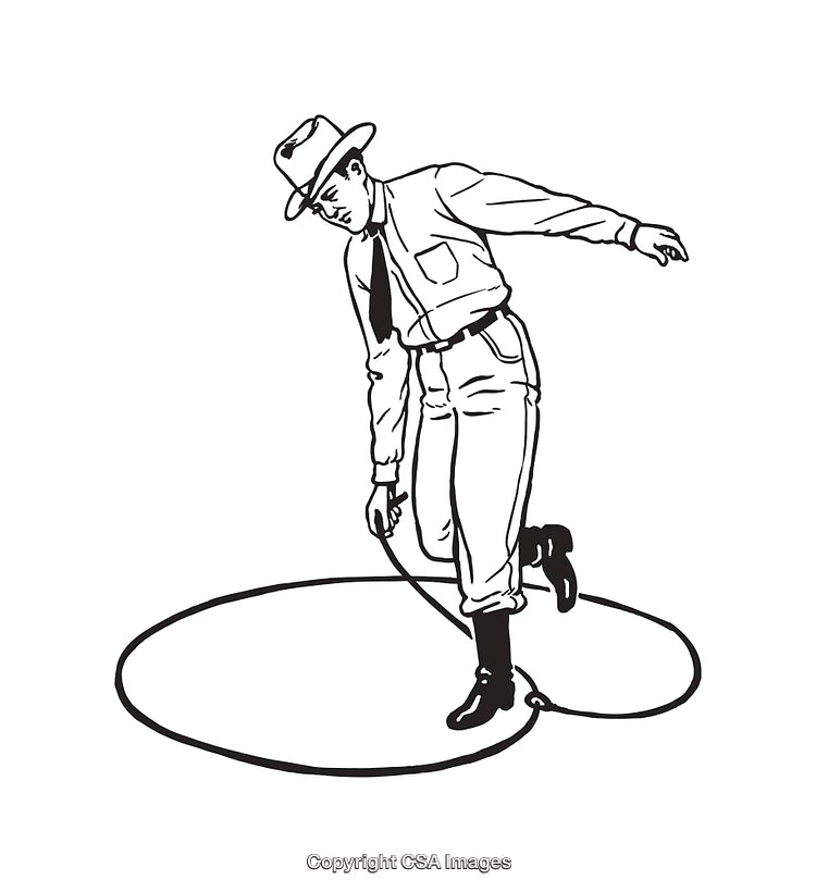 Vintage Cowboy Performing Lasso Trick in Black and White Illustration