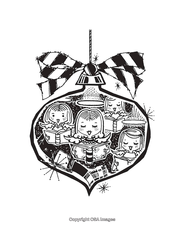 Black and White Illustration of Carolers Inside a Festive Christmas Ornament