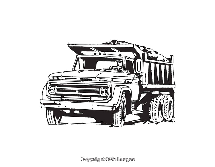 Black and White Line Art of a Dump Truck with Cargo Load