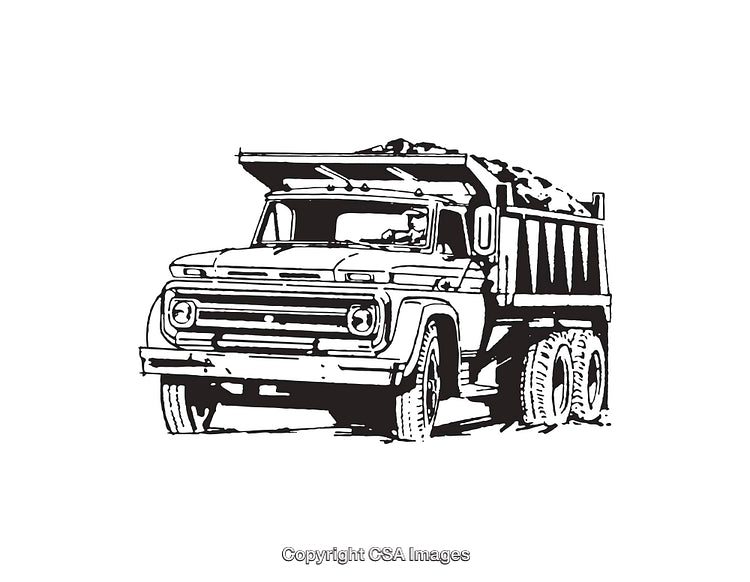Black and White Line Art of a Dump Truck with Cargo Load