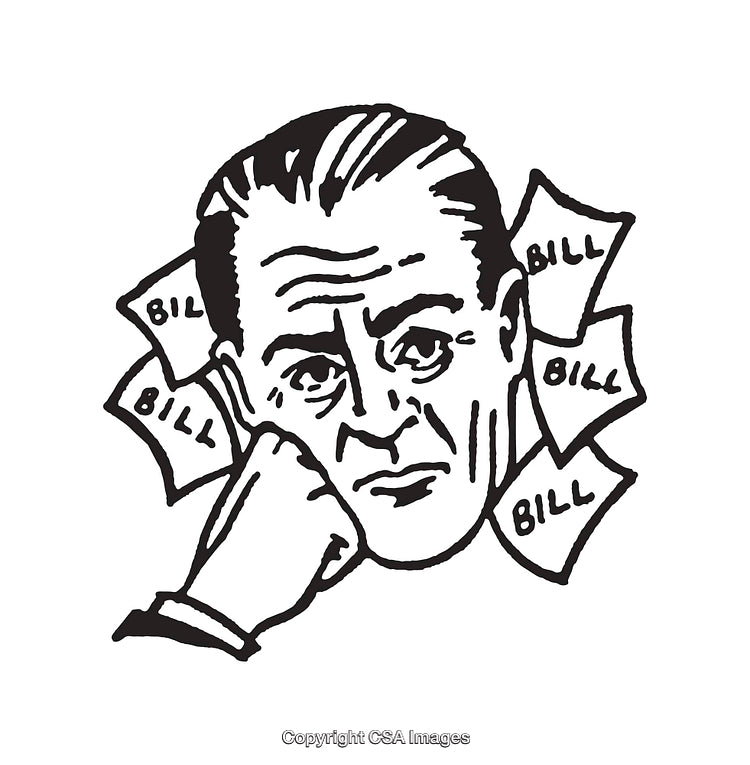 Black and White Line Drawing Representing Financial Stress and Overwhelmed Feelings