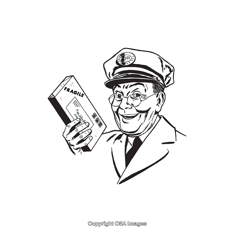 Vintage Black And White Postal Worker Holding Fragile Parcel Box