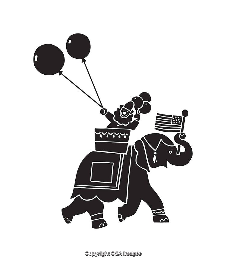 Black and White Line Art of a Circus Elephant with Clown and Balloons