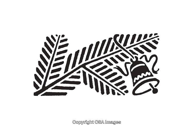 Black and White Line Art with Bell and Leaves Illustration
