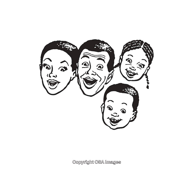 Black and White Line Art of Cheerful Family Faces