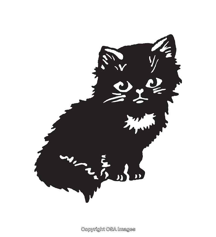 Black and White Line Art of a Cute Kitten Sitting