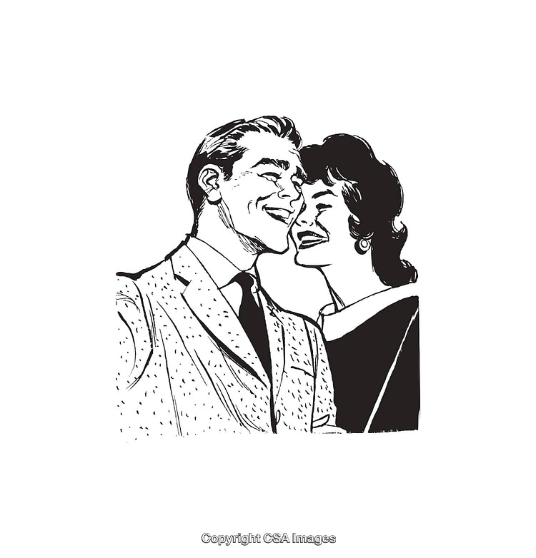 Retro Line Art of Smiling Couple in Classic Outfits