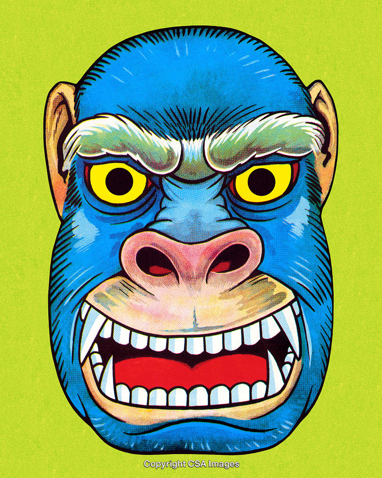 Colorful Illustrated Blue Gorilla Face Art with Expressive Yellow Eyes