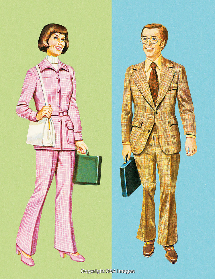 Retro Styled Business Professionals in Classic 1970s Plaid Suits