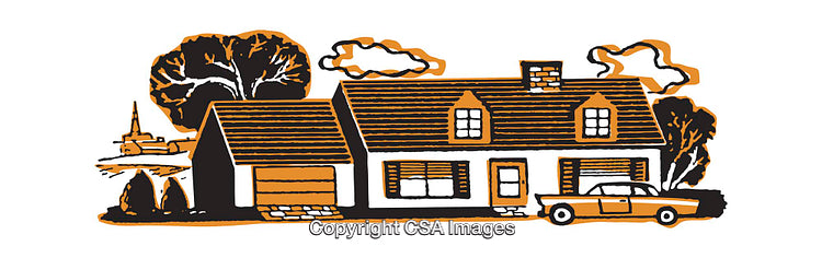 Charming Illustration of a Retro Family Home With Car in Midcentury Style