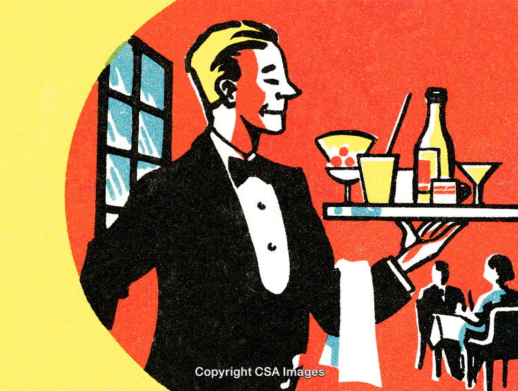 Elegant Waiter Serving Drinks in Retro Illustration Style with Vibrant Background