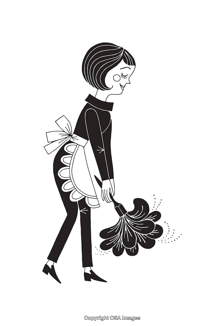 Stylized Illustration of a Retro Maid Dusting in Black and White