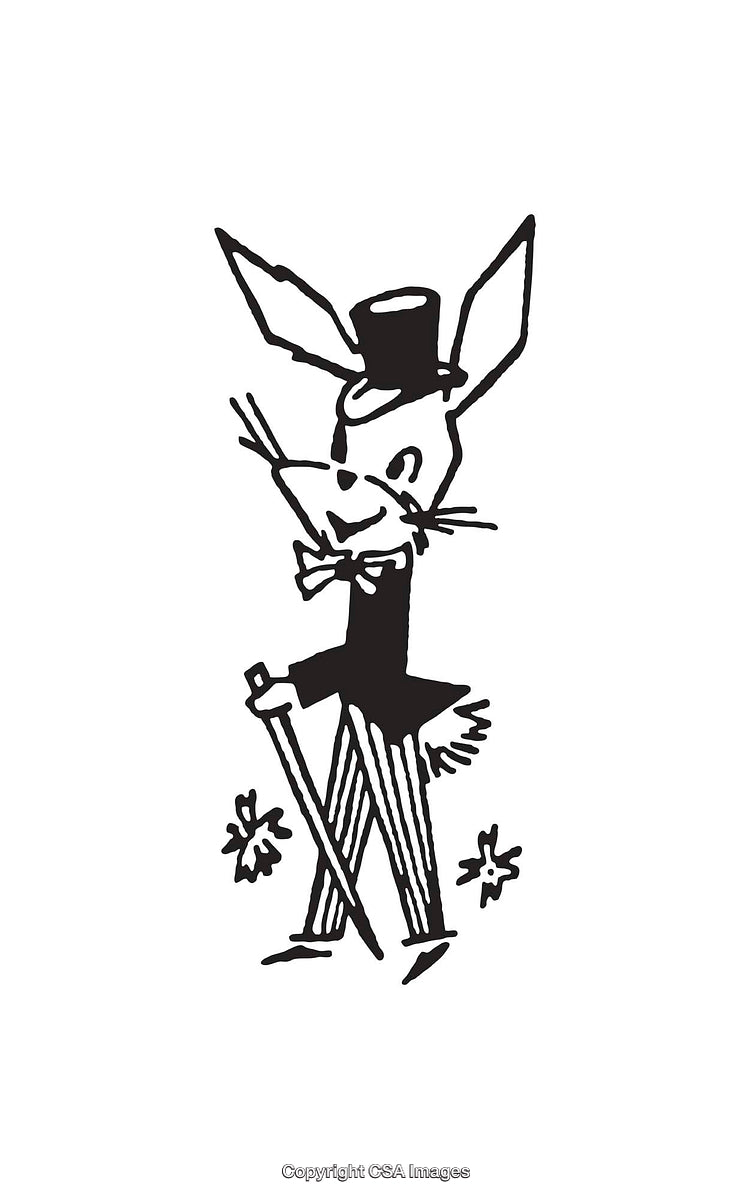 Elegant Rabbit Illustration in Top Hat and Striped Pants with Walking Cane