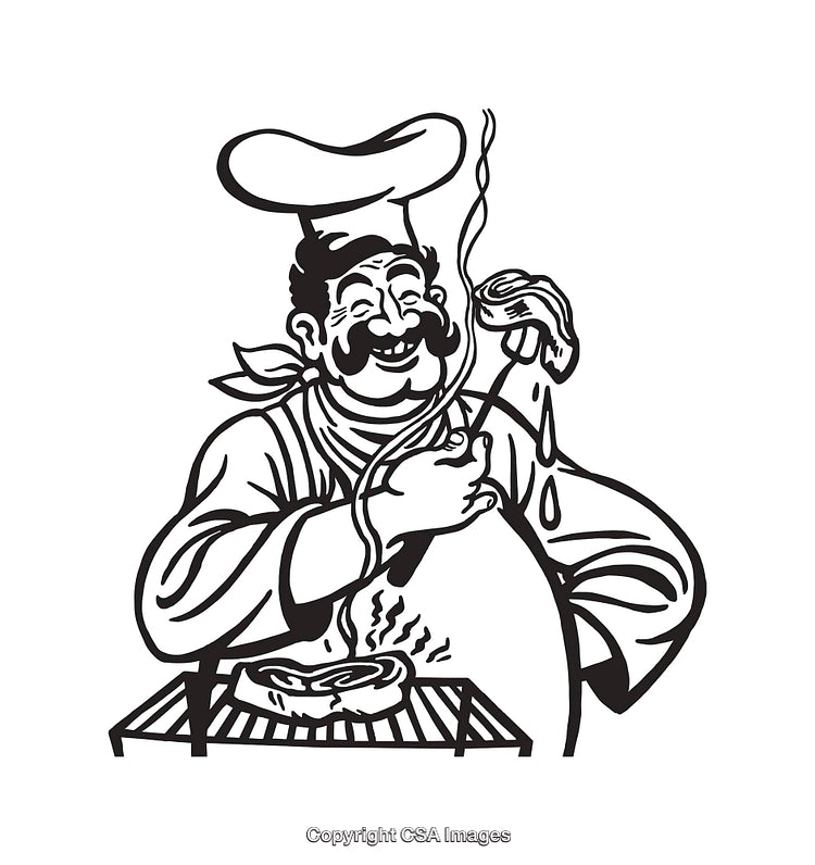 Black and White Line Art of a Chef Grilling and Smiling