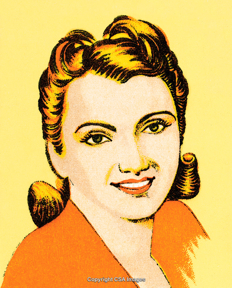 Retro Illustration of a Smiling Woman in Vintage Attire on Yellow Background