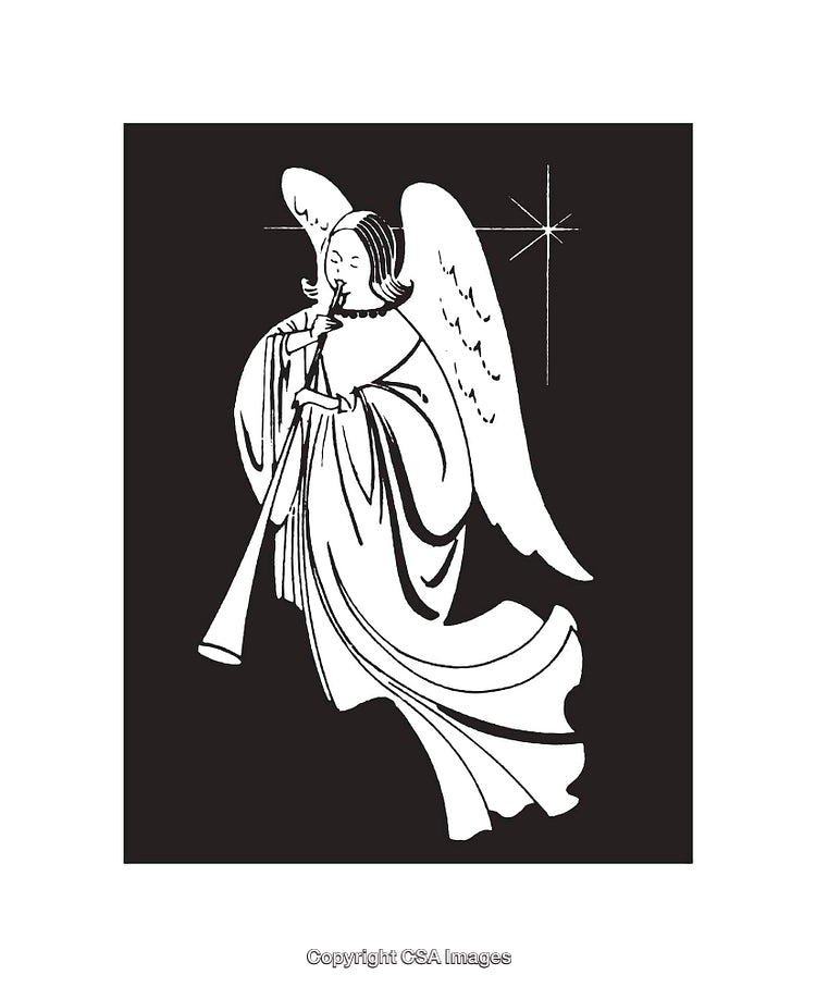 Black And White Angel Illustration with Musical Instrument in a Heavenly Scene