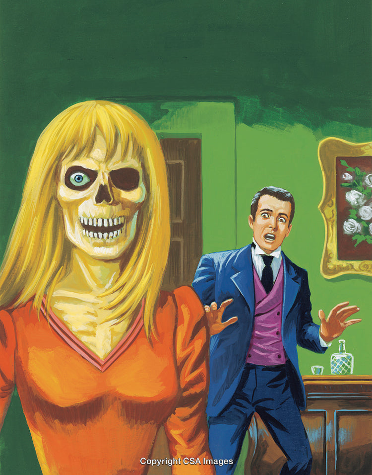 Frightening Skeleton Woman Surprising Elegant Man in Vintage Horror Illustration