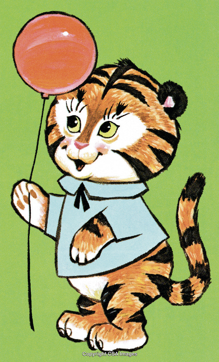 Cute Cartoon Tiger Holding a Balloon on a Bright Green Background