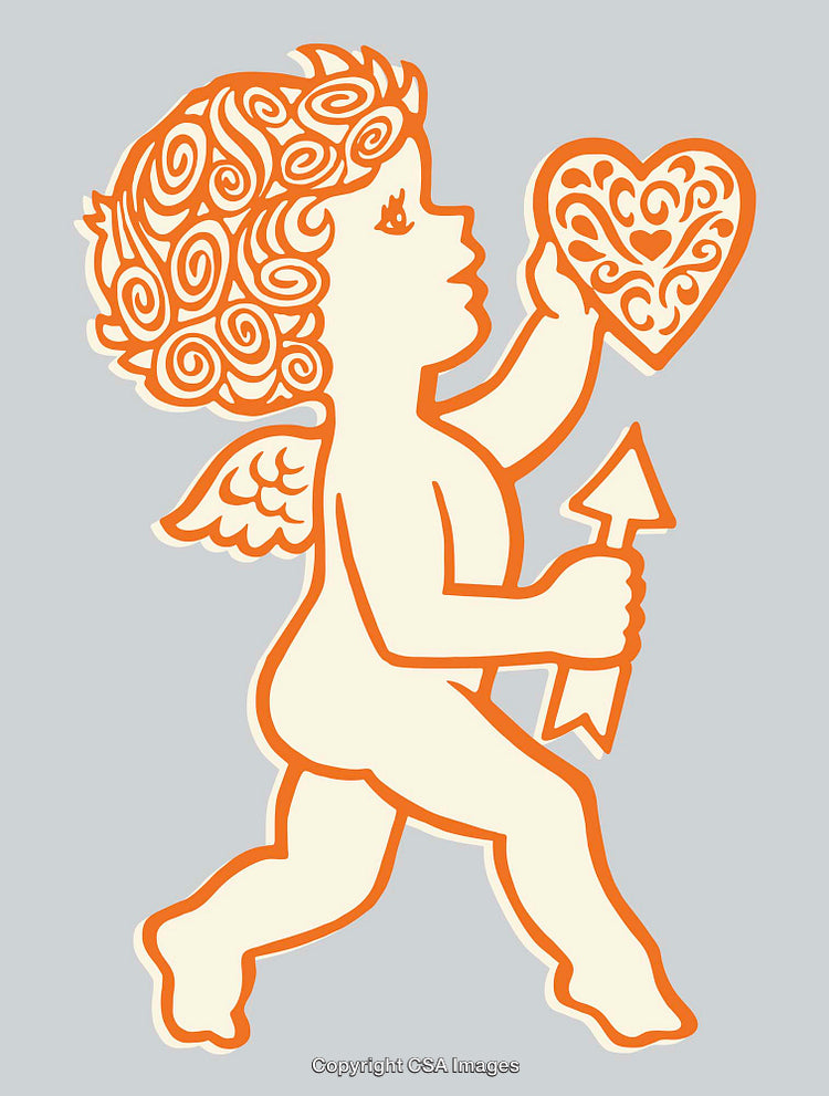 Color Line Art Illustration of Cupid Holding a Swirled Heart