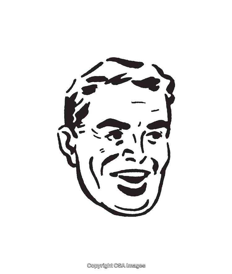 Retro Styled Black and White Line Art Smiling Man Illustration
