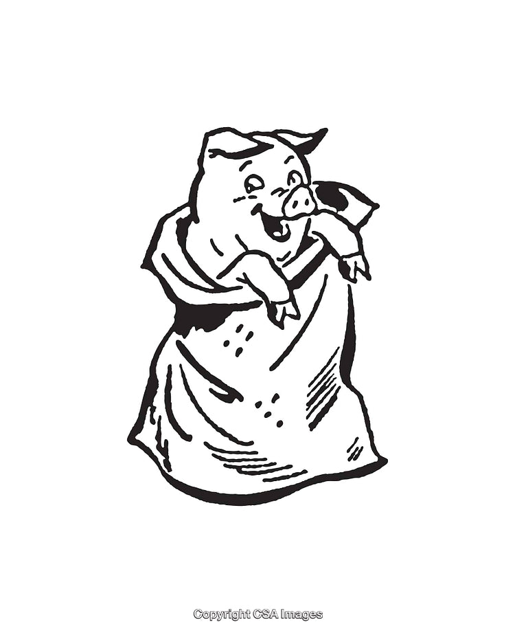 Black and White Line Art Illustration of a Pig in a Sack