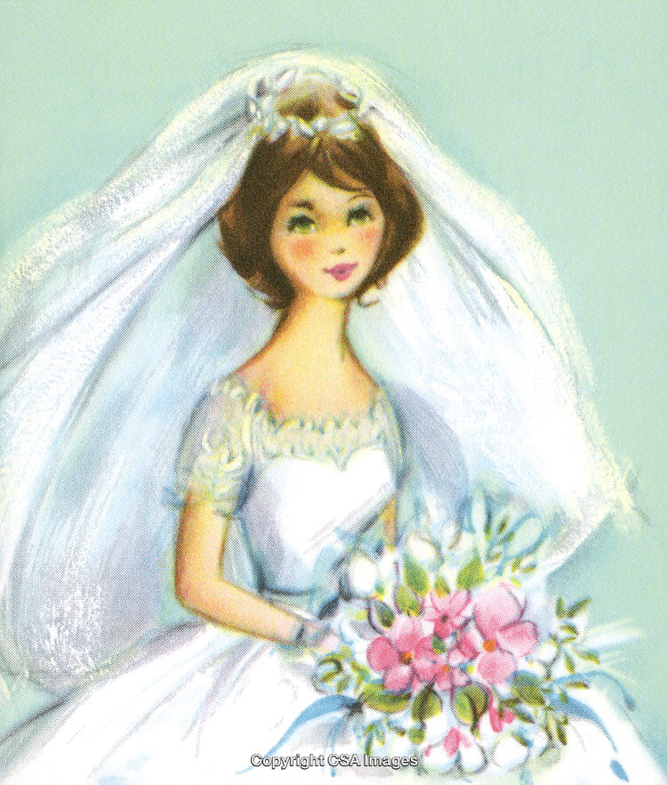 Elegant Illustration of a Bride in Wedding Attire Holding a Floral Bouquet