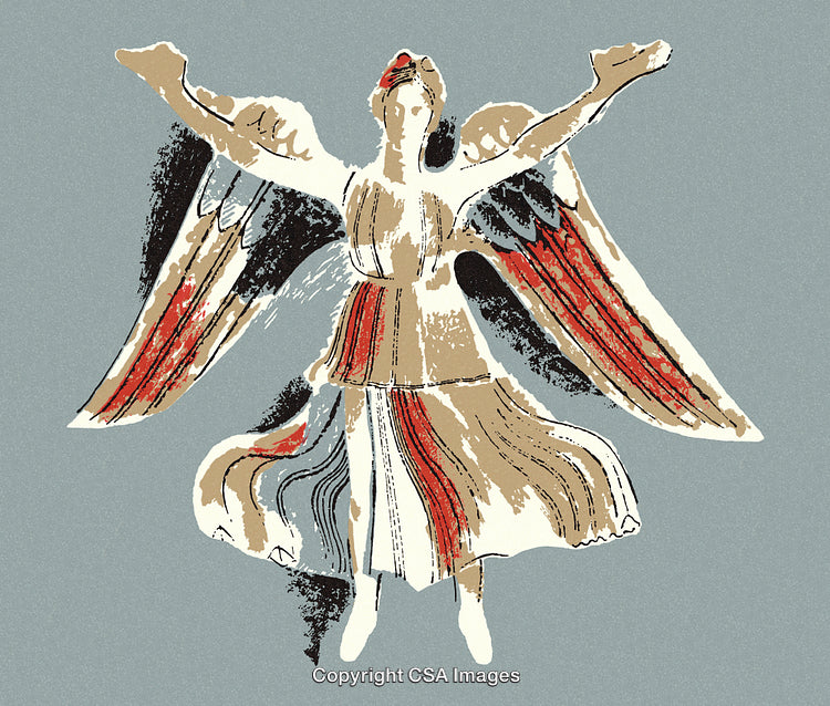 Abstract Depiction of a Winged Figure in Earth Tones on a Grey Background