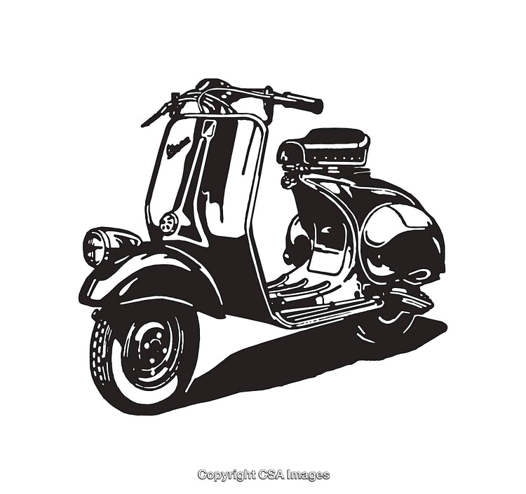 Vintage Retro Scooter in Black and White Line Art Illustration