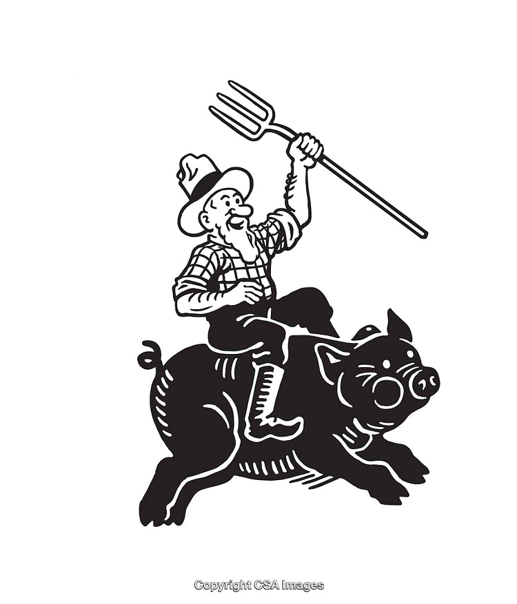 Farmer Riding a Pig Holding a Pitchfork Welcoming in Black and White Art