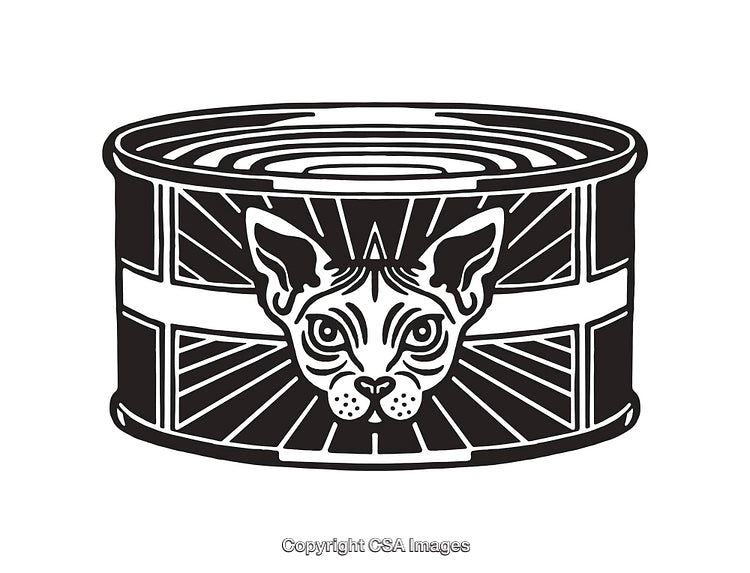Black and White Illustration of a Cat Face on a Tinned Product Label