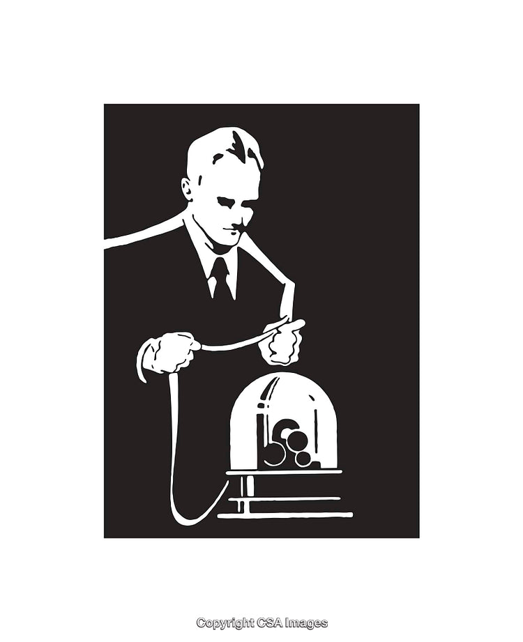 Vintage Black and White Line Art of a Scientist with Equipment