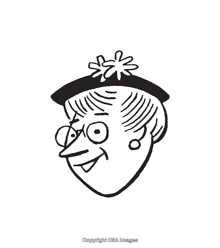 Black and White Cartoon Illustration of Elderly Woman Wearing a Decorative Hat
