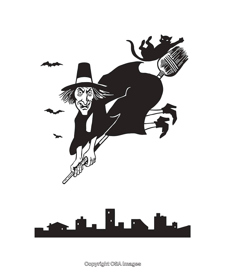 Flying Witch Over City in Black and White Art