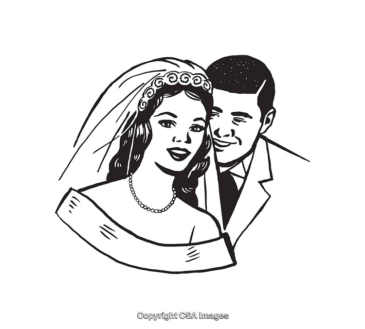 Elegant Line Art Drawing of a Happy Couple on Their Wedding Day