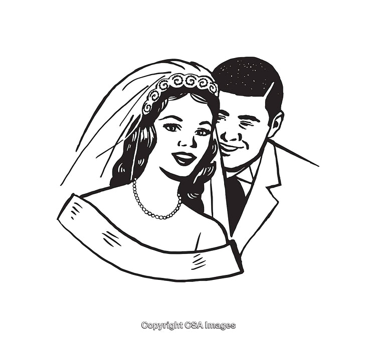 Elegant Line Art Drawing of a Happy Couple on Their Wedding Day
