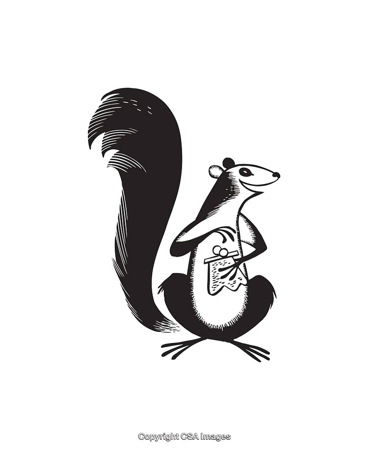 Black and White Line Art of a Squirrel With a Coin Purse