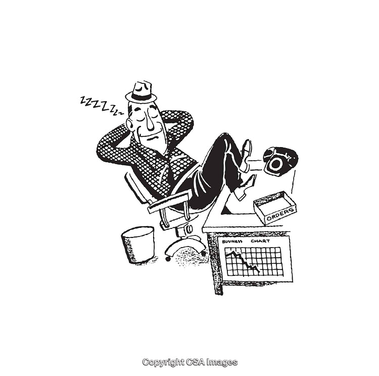 Cartoon Illustration of Sleeping Businessman with Declining Sales Chart