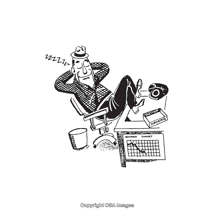 Cartoon Illustration of Sleeping Businessman with Declining Sales Chart