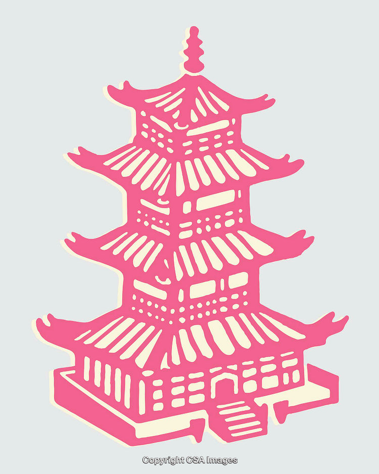 Vibrant Pink Line Illustration of a Traditional Asian Pagoda