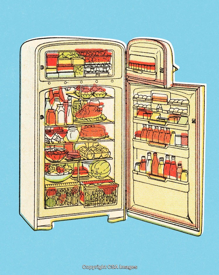 Illustration of a Fully Stocked Refrigerator with Diverse Groceries and Beverages