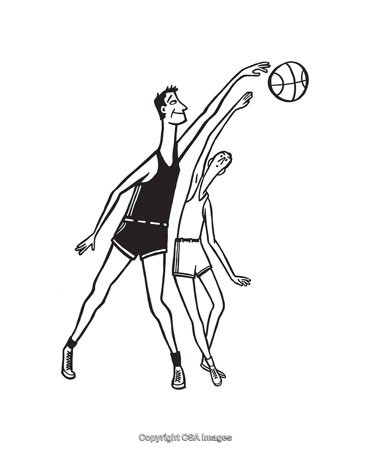 Black and White Line Art of Basketball Players in Action