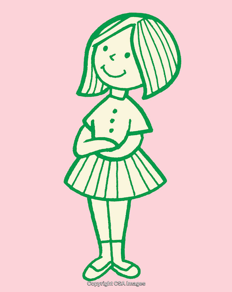 Playful Girl in Green and Pink Line Art Illustration