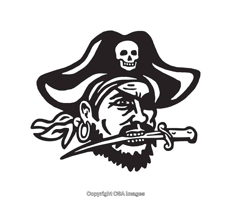 Black and White Pirate Illustration with Dagger in Mouth