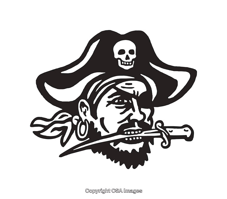Black and White Pirate Illustration with Dagger in Mouth
