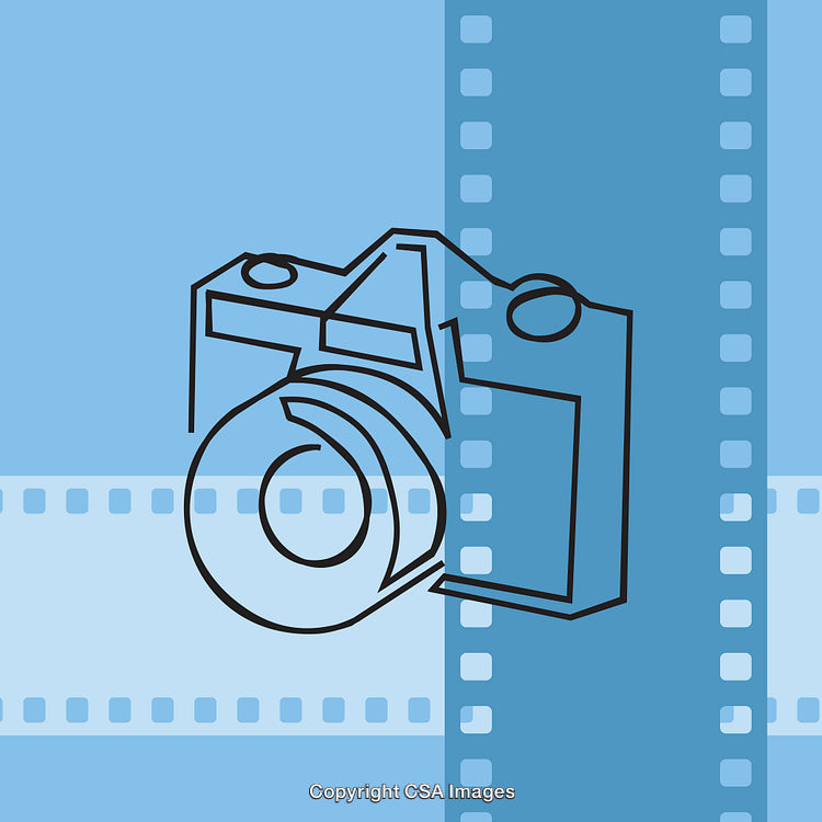 Stylized Illustration of a Camera and Filmstrip in Blue Tones