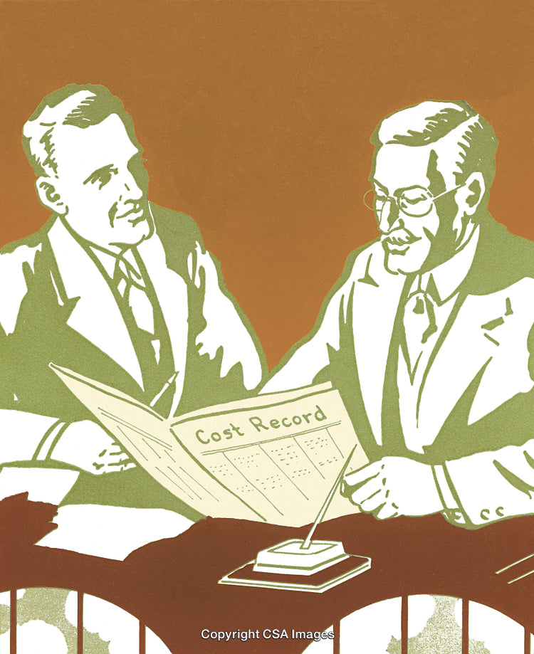 Two Professionals Analyzing Cost Report in Vintage Styled Illustration