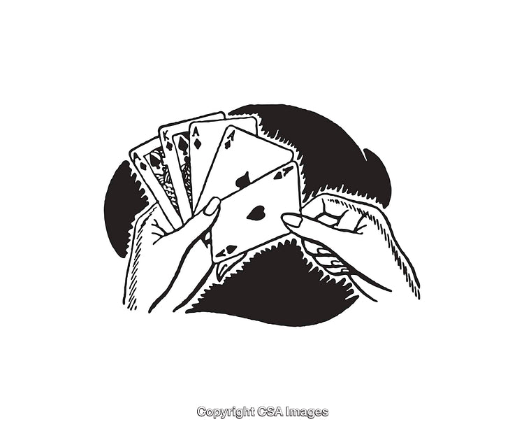 Black and White Line Art Illustration of Playing Card Hand