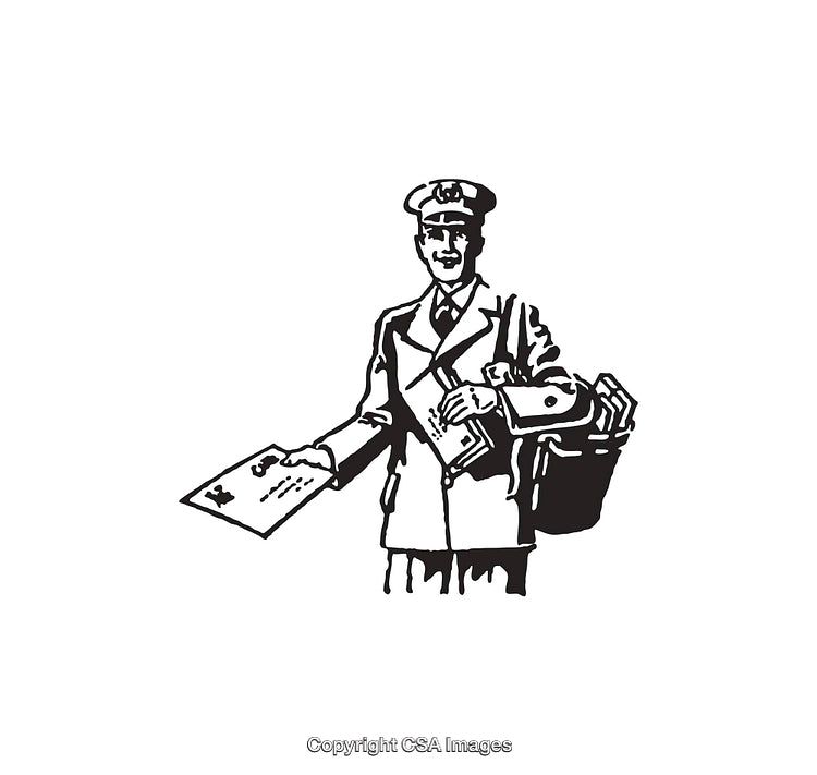 Vintage Line Art Illustration of a Smiling Postman Delivering Mail